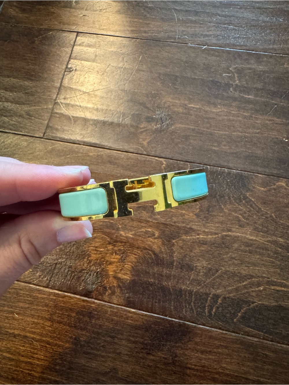 Hermes Gold-Plated Bracelet with Mint Green Enamel Panels and 'H' Motif